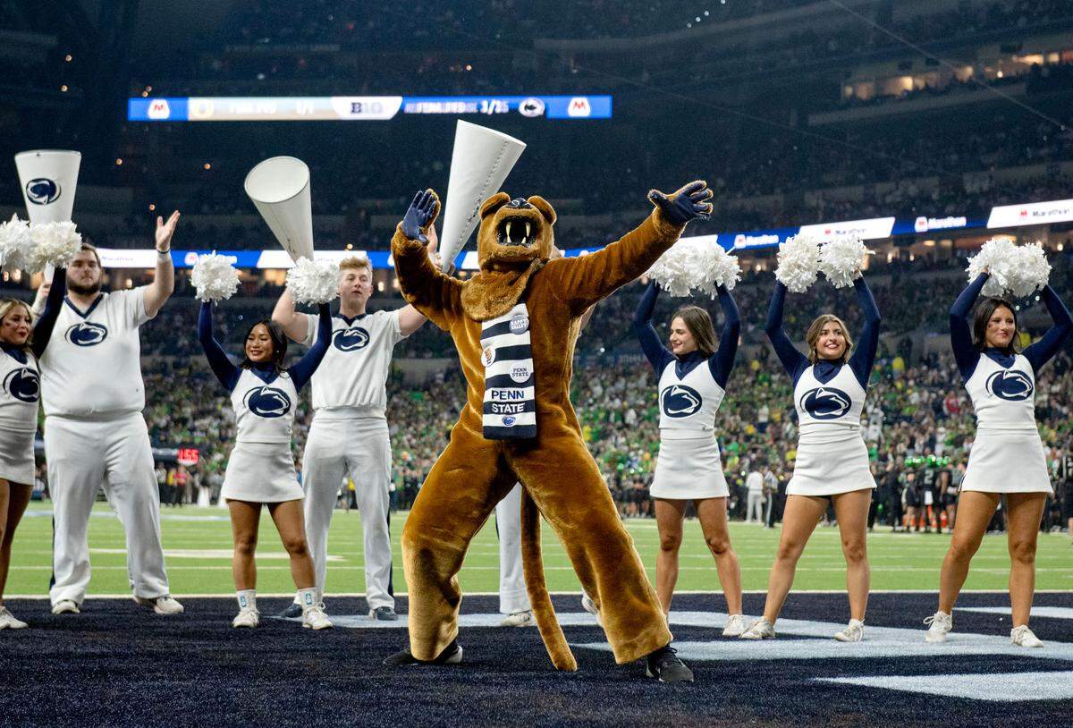 The Penn State Nittany Lion pumps up the crowd during the Big Ten Championship game against Oregon at Lucas Oil Stadium on Saturday, Dec. 7, 2024.