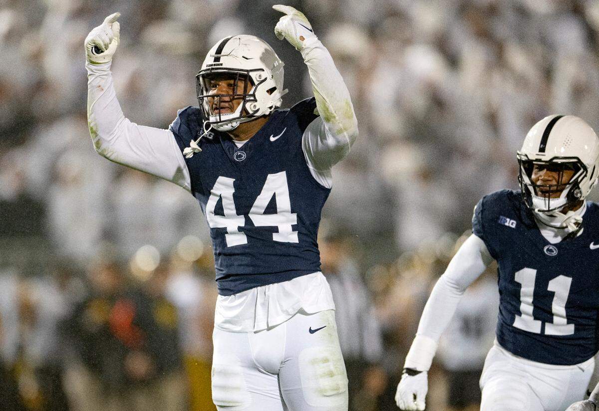 Penn State defensive end Chop Robinson celebrates his sack during the game against Iowa on Saturday, Sept. 23, 2023.