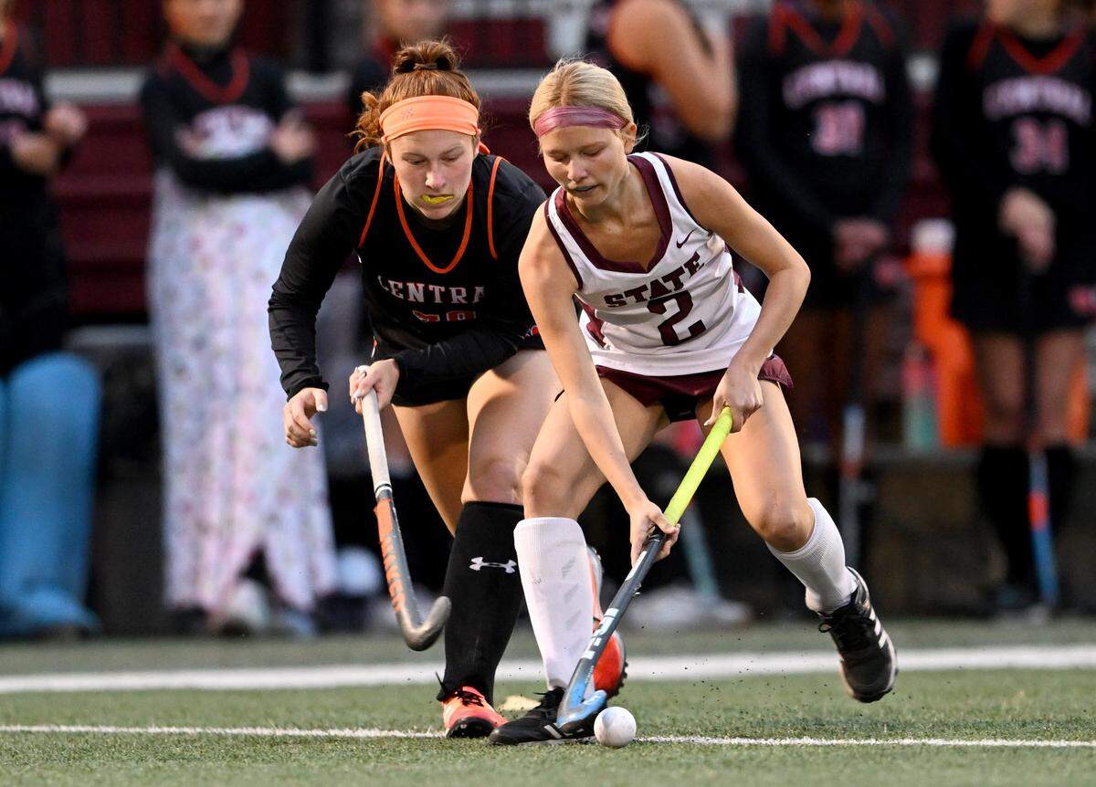 A Central York defender can’t stop State College’s Olivia Miller during the game on Wednesday, Oct. 26, 2022 at Memorial Field.