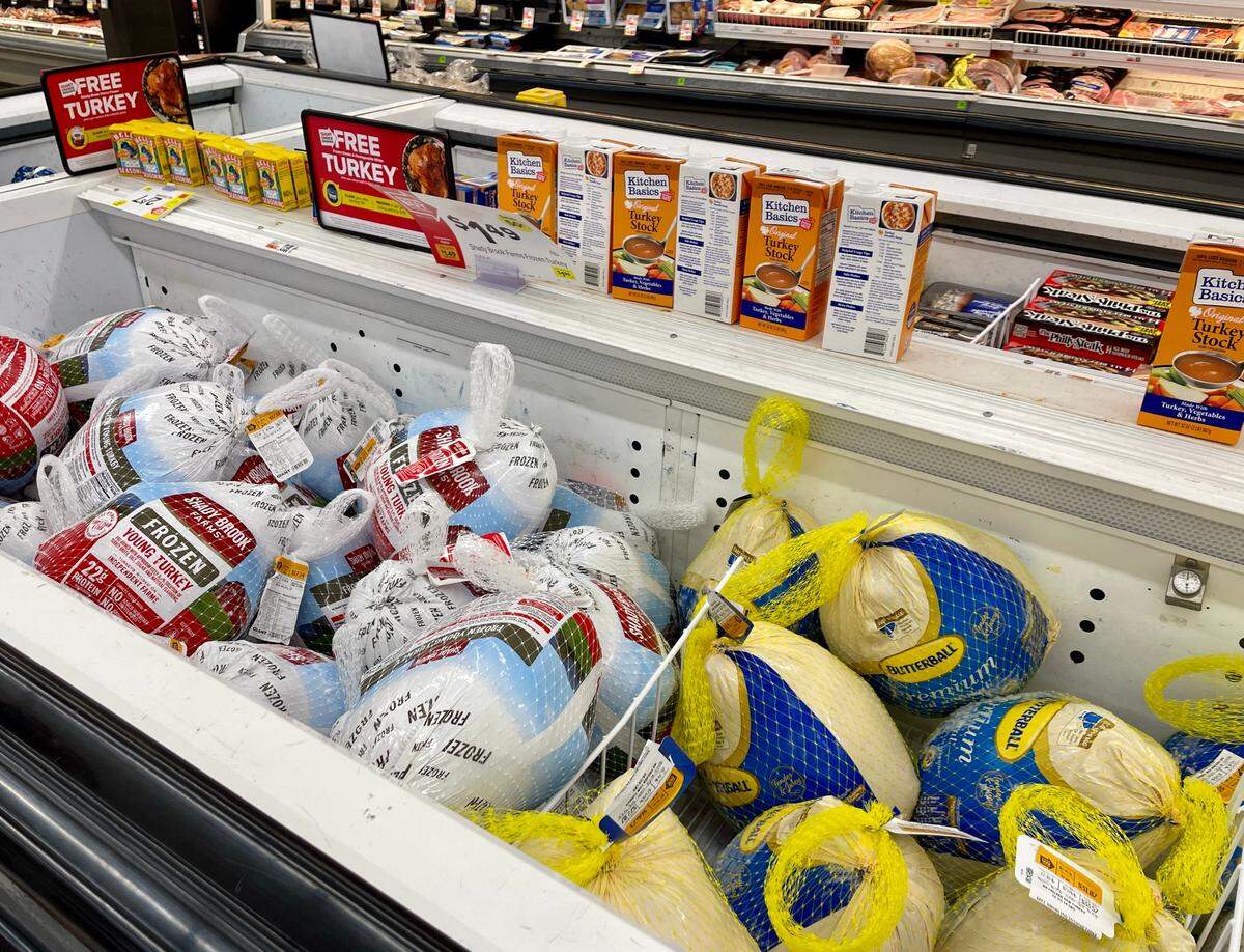 Frozen turkeys for sale are pictured in this freezer at the Northland Center Giant in State College.