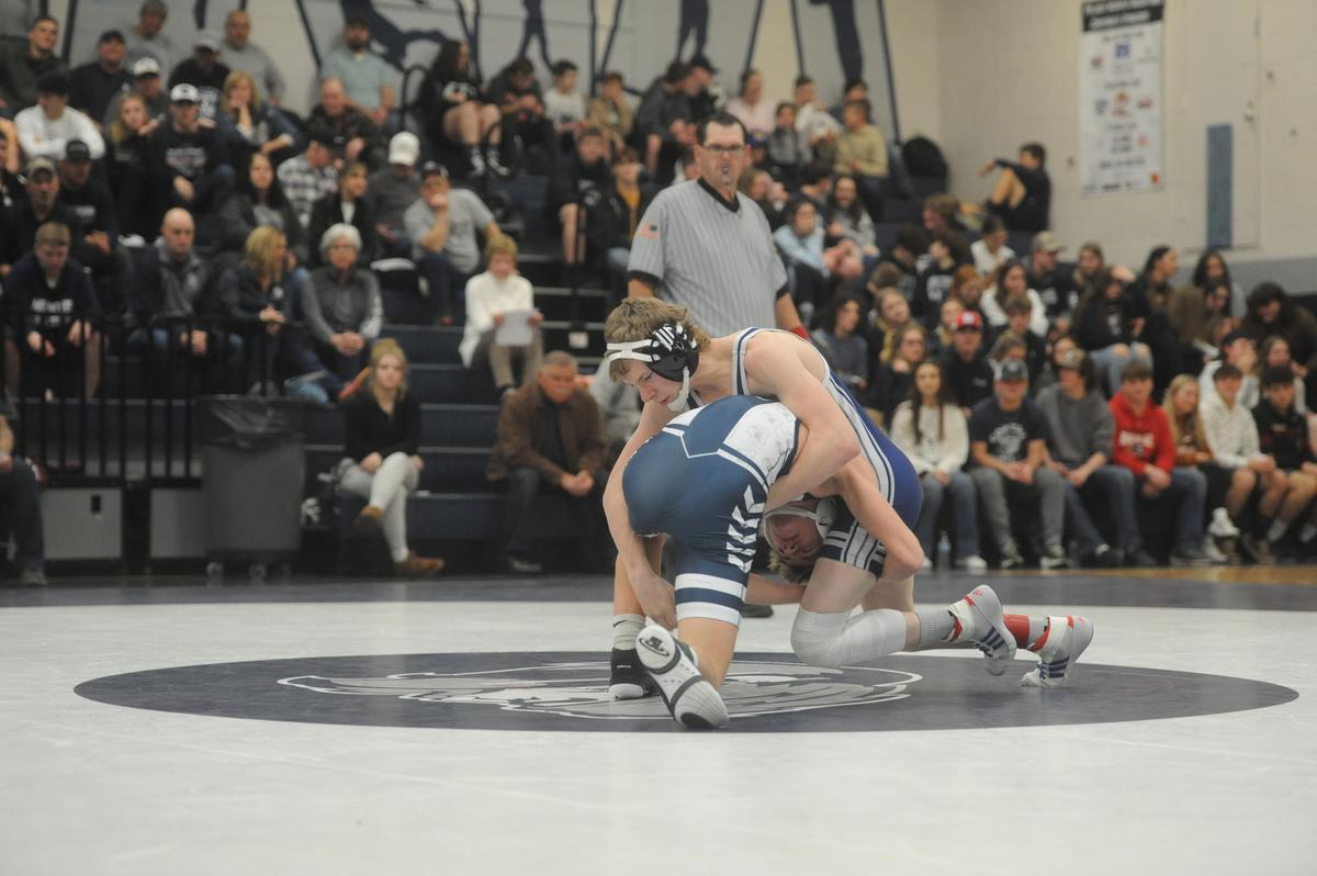 Penns Valley’s Wyatt Homan fights off a shot attempt from Philipsburg-Osceola’s Sam McDonald in their 127-pound bout of the Rams’ 51-14 win on Tuesday, January 17, 2023. Homan pinned McDonald in 3:12.