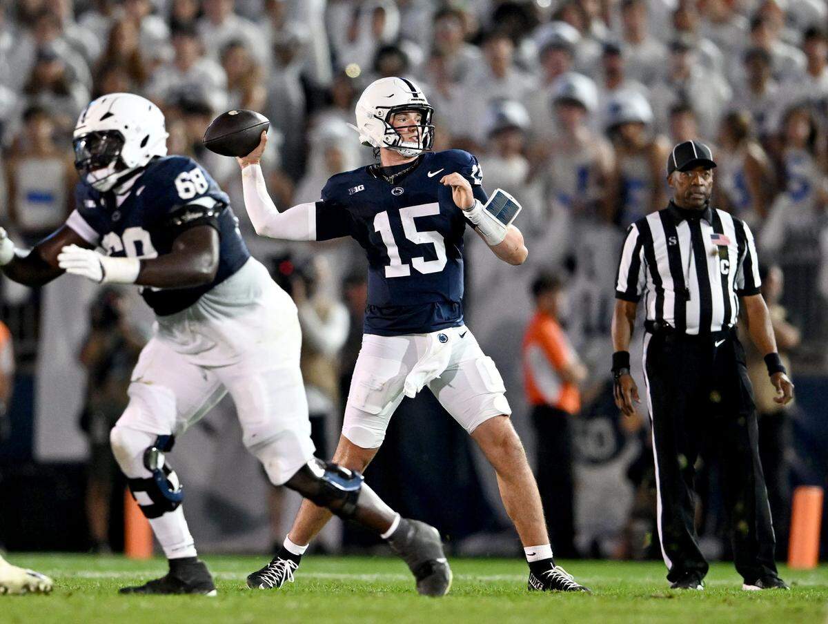 Penn State quarterback Drew Allar makes a pass during the game against Oregon on Saturday, Sept. 27, 2025.