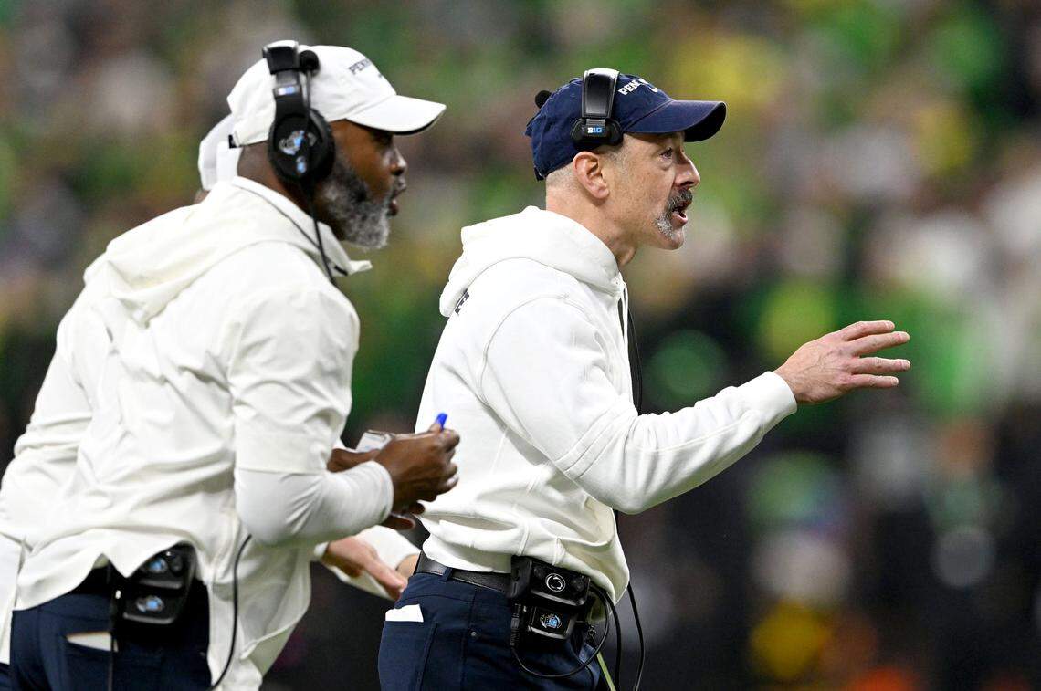 Penn State special teams coordinator Justin Lustig yells to players during the Big Ten Championship game against Oregon at Lucas Oil Stadium on Saturday, Dec. 7, 2024.  
