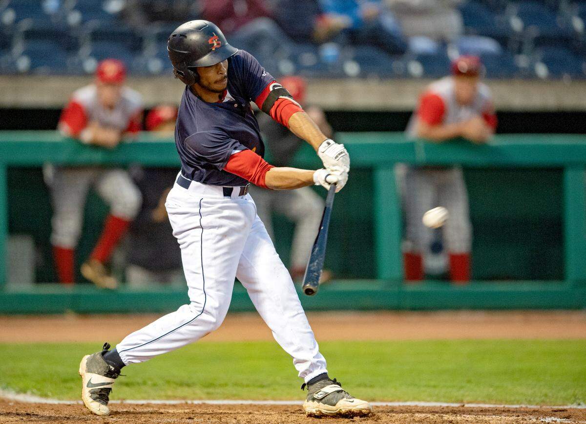 State College Spike Mael Zan hits a single during the opening game against the Williamsport Crosscutters on Monday, May 24, 2021.