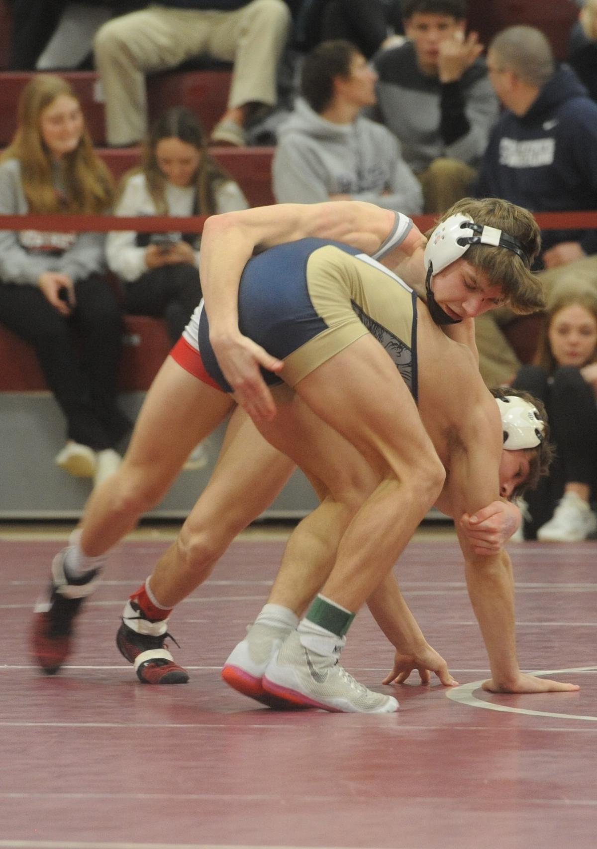 Bellefonte’s Gage Long controls Bald Eagle Area’s Mason Reese in their 145-pound quarterfinals match of the District 6 Class 2A Championships on Friday, Feb. 17, 2023 in Altoona. Long topped Reese, 12-8.