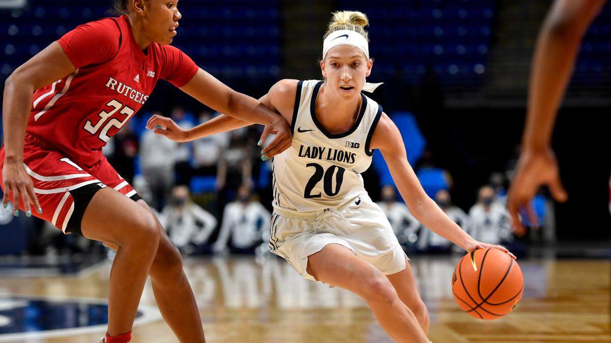 Penn State’s Makenna Marisa dribbles around Rugters’ Osh Brown during Thursday’s game.