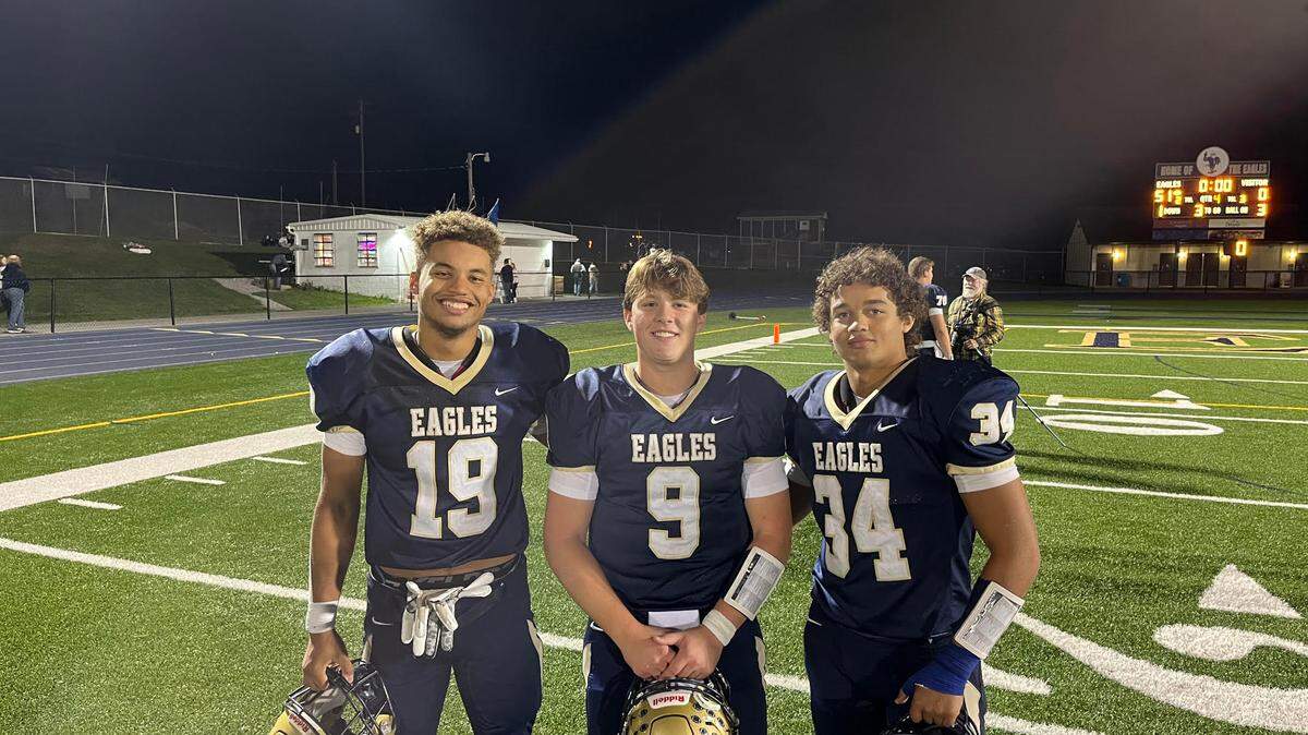 Bald Eagle football's Cam Watkins (left), Carson Nagle (center) and Tre Greene (right) 