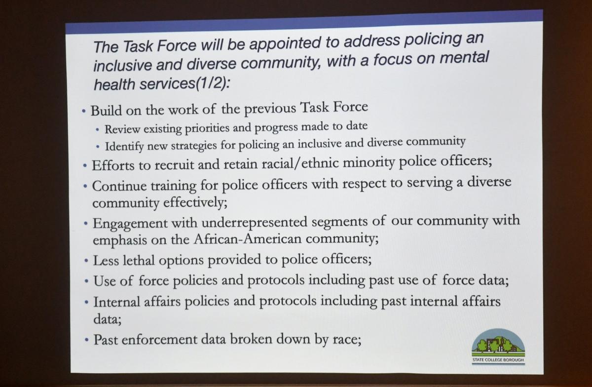 State College Borough Council shows the plans for a task force on Monday, May 13, 2019.