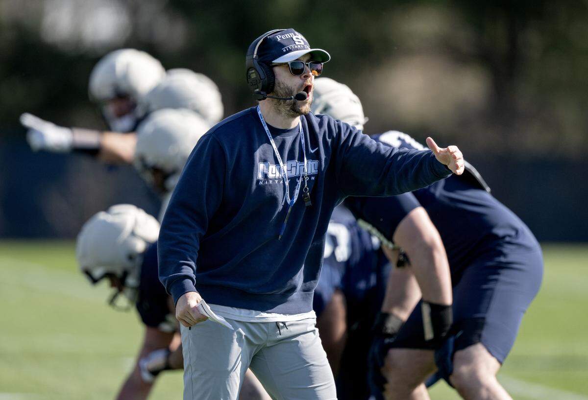 Penn State offensive coordinator Taylor Mouser yells to players during practice on Thursday, April 9, 2026.  