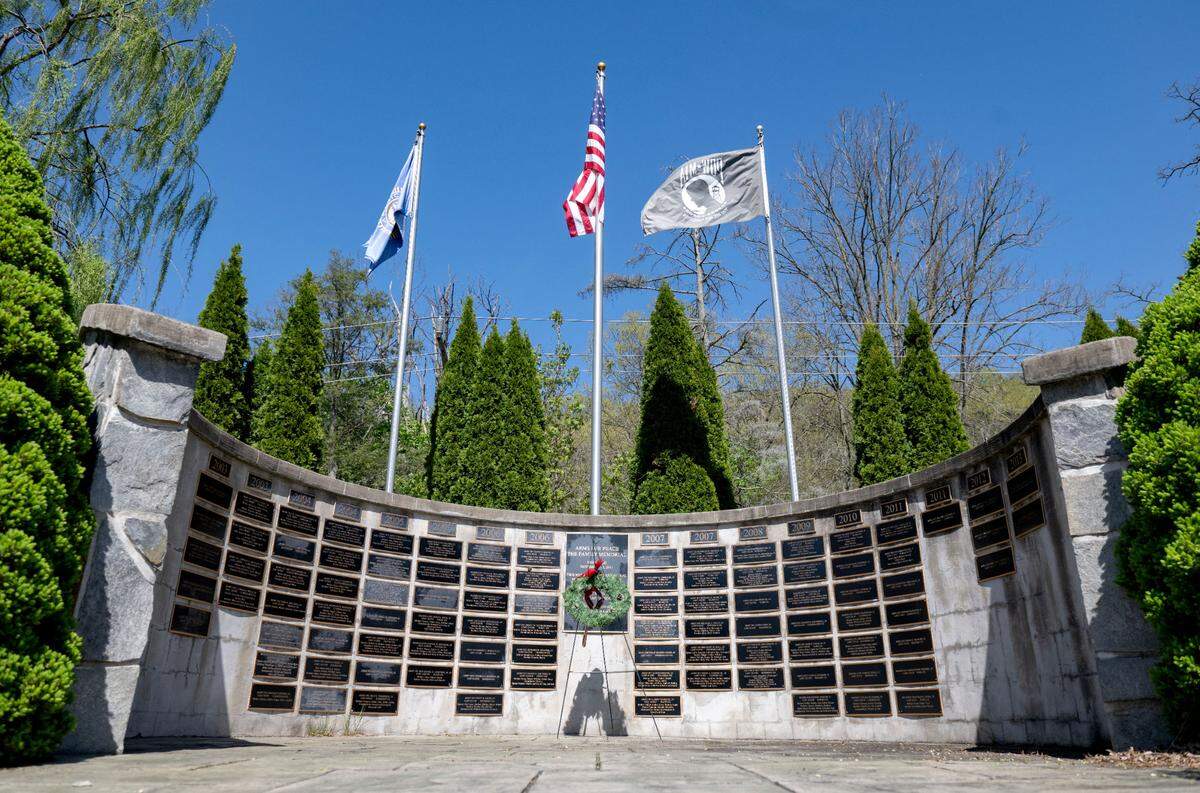 The Arms for Peace Family Memorial outside of the Pleasant Gap Legion on April 28, 2025. The memorial honors Pennsylvanians who lost their lives in Iraq and Afghanistan from 2003-2013.