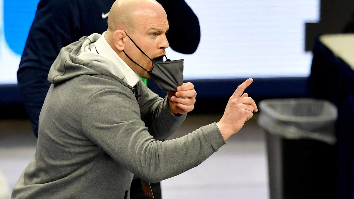 Penn State wrestling coach Cael Sanderson yells to Michael Beard that he needs just one point during his quarterfinal bout of the 2021 Big Ten Wrestling Championships at the Bryce Jordan Center on Saturday, March 6, 2021.