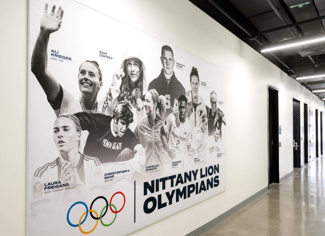 Former Penn State men’s and women’s soccer players that have competed in the Olympics are featured in a hallway of the new Jeffrey Field Soccer Complex.