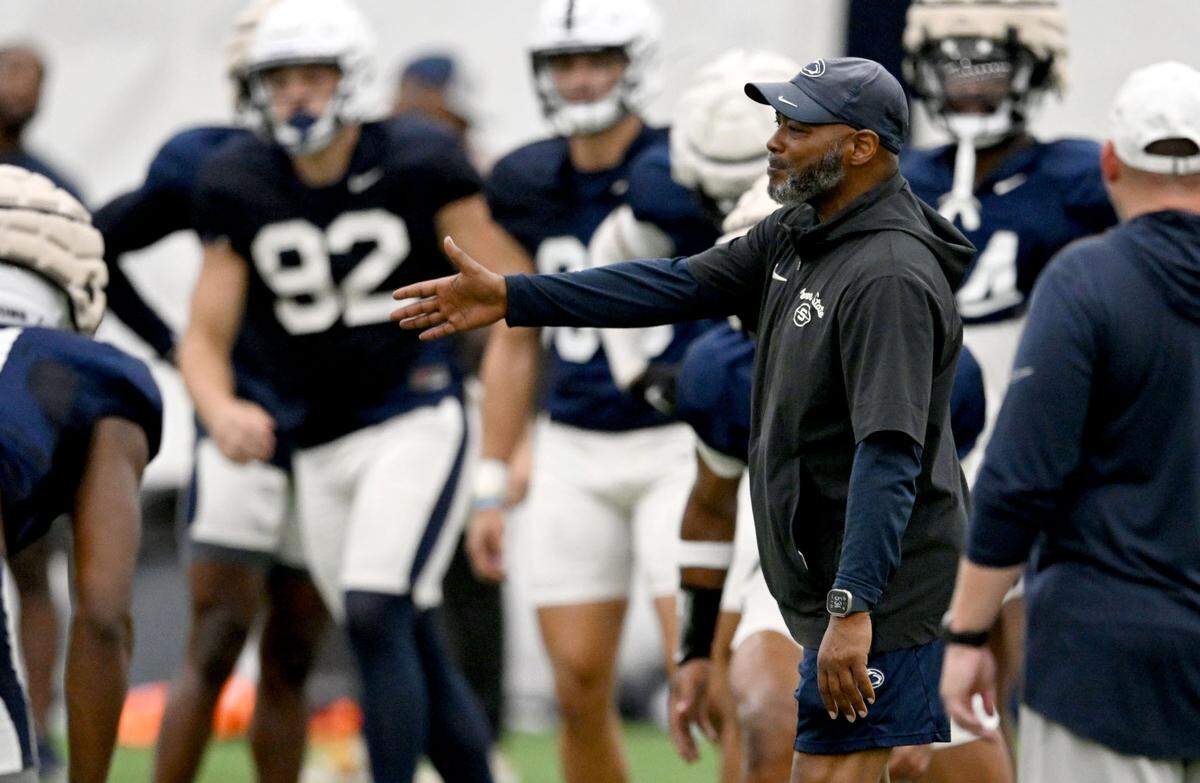 Penn State cornerbacks coach Terry Smith talks to players during a drill at practice on Saturday, Aug. 3, 2024.