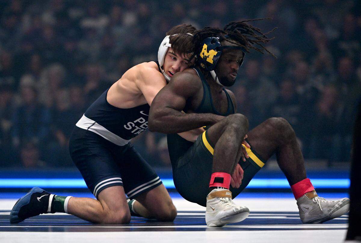 Penn State’s Luke Lilledahl controls Michigan’s Christian Tanefeu in the 125 lb bout of the match on Friday, Feb. 7, 2025 in the Bryce Jordan Center. Lilledahl won by fall at 5:38.