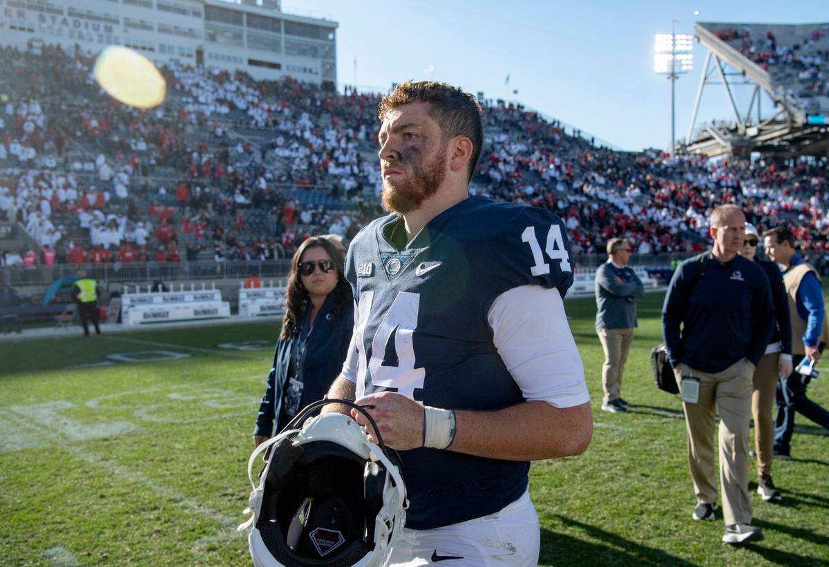 Penn State quarterback Sean Clifford walks off the field in disappointment after the loss to Ohio State on Saturday, Oct. 29, 2022.