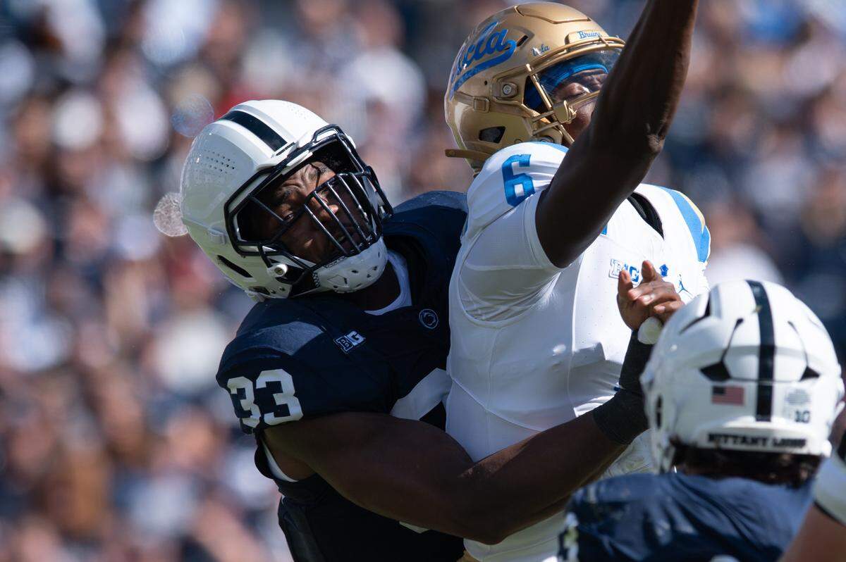 Penn State defensive end Dani Dennis-Sutton sacks UCLA quarterback Justyn Martin during the football game against UCLA at Beaver Stadium on Oct. 5.