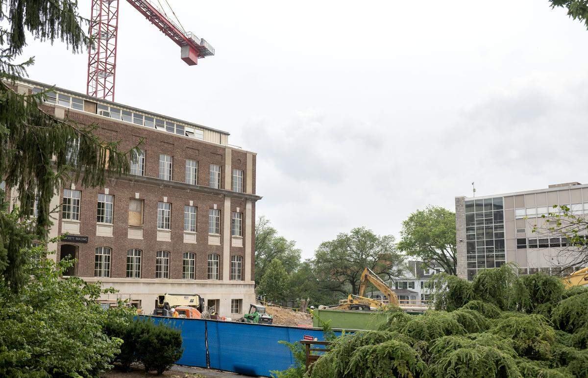 Downtown State College is now visible from the Hintz Alumni Garden after the demolition of the Kunkle Lounge and a portion of the Sackett Building.  