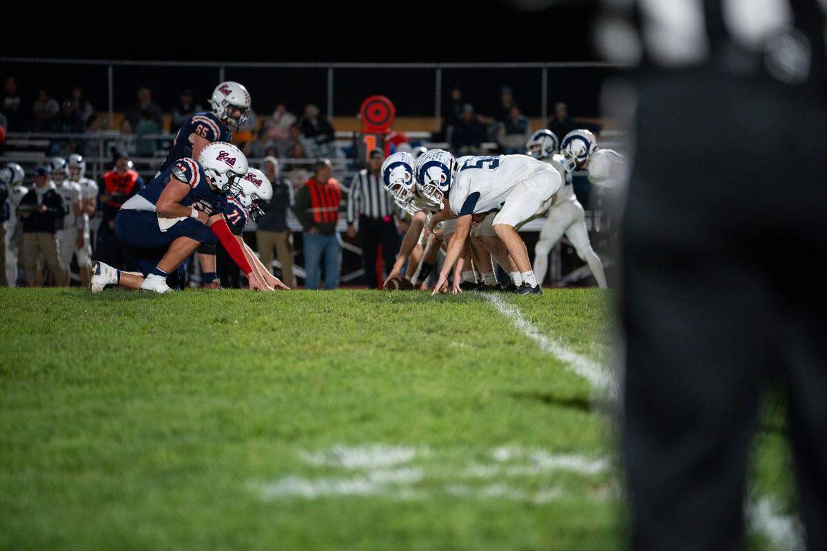 Penns Valley and Huntingdon line up at the line of scrimmage during a Friday night football game in Huntingdon, Pa., on Oct. 17, 2025. The Bearcats beat the Rams 35-23.