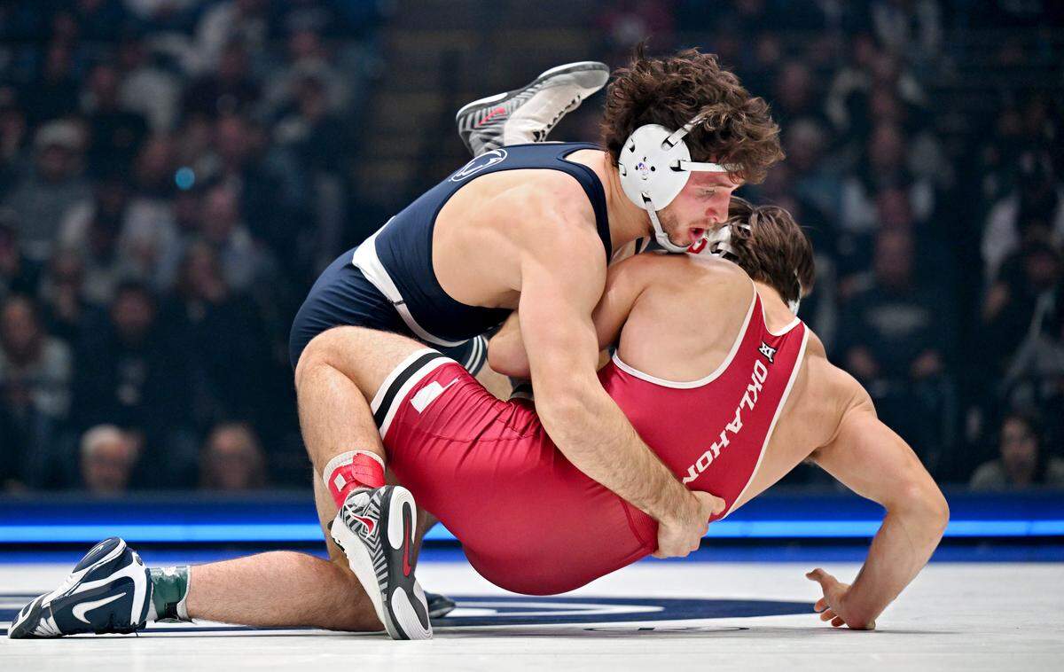 Penn State’s Levi Haines controls Oklahoma’s Carter Schubert in the 174 lb bout during the match on Friday, Nov. 14, 2025 at the Bryce Jordan Center.