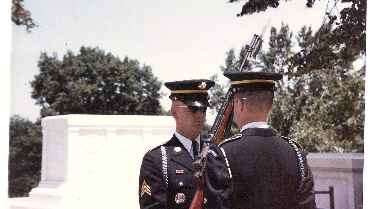 Sgt. Gerry Mansell, of State College, conducts the inspection of the ongoing sentinel during the Changing of the Guard at the Tomb of the Unknowns in May 1984.