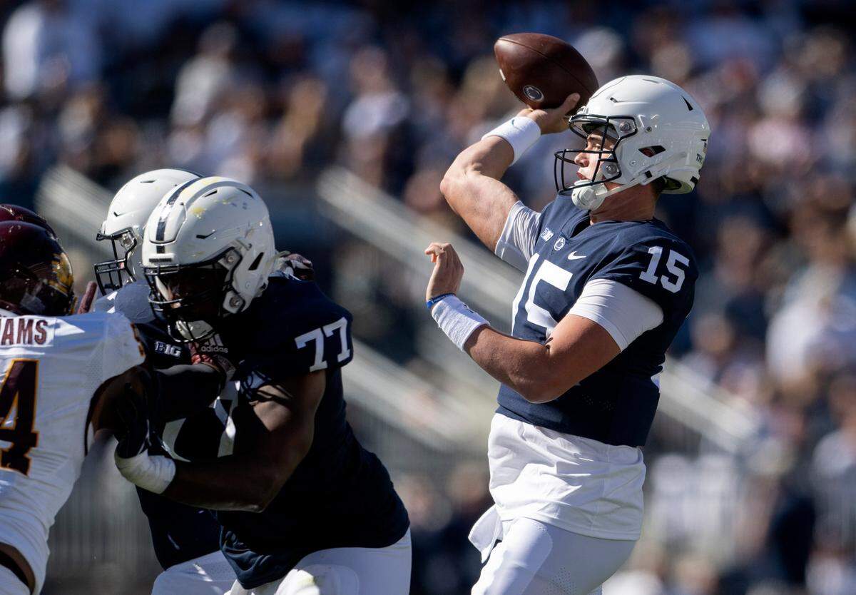Penn State quarterback Drew Allar makes a pass during the game against Central Michigan on Saturday, Sept. 24, 2022.