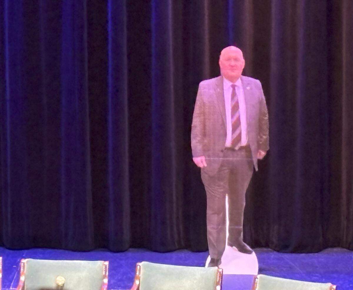 A look at the cardboard cutout of U.S. Rep. Glenn Thompson, R-Howard, just before the People’s Town Hall in The State Theatre begins. Thompson did not attend the town hall organized by the Centre County Democrats.
