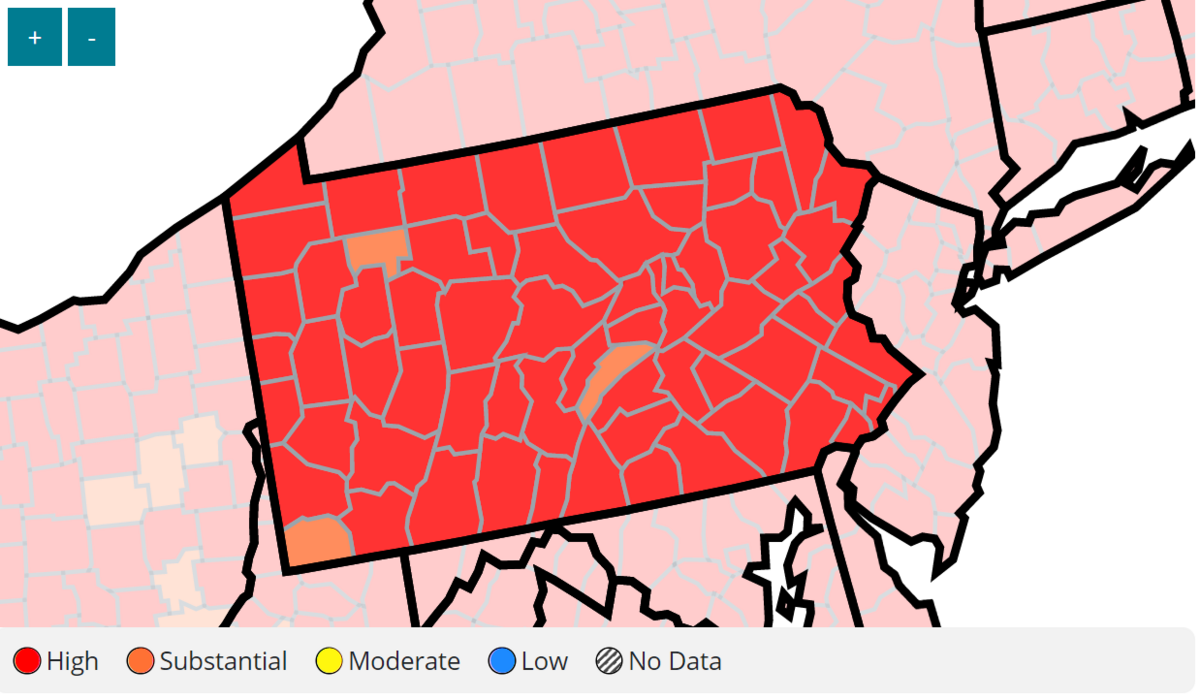 A screenshot of the community transmission for Pennsylvania, as of May 27, 2022. The image shows that all but three Pennsylvania counties are in the red for COVID-19 transmission. Counties not in the red are Juniata, Greene and Forest Counties. The CDC defines community transmission using two variables: 1.) The total number of new cases per 100,000 people within the last seven days and 2.) The percentage of positive diagnostic and screening nucleic acid amplification tests (NAAT) during the previous seven days.
