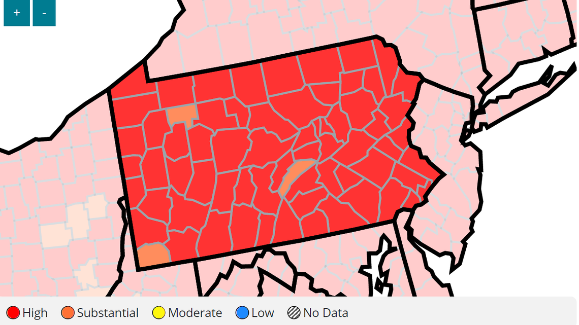 All but three PA counties are in the red for COVID-19 spread, latest CDC data show