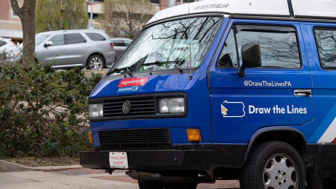 Draw The Lines PA’s “Voteswagon” sits outside of the State College Municipal Building on Thursday in State College. The “Voteswagon,” a 1991 Volkswagen Westfalia, is used to educate people on the upcoming redistricting in Pennsylvania.
