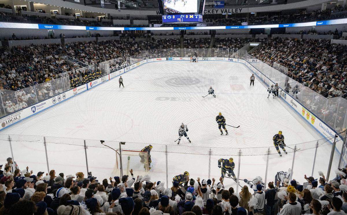 Penn State men’s hockey plays Michigan in front of 6,445 fans, the second largest in Pegula Ice Arena history on Friday, Nov. 4, 2022.
