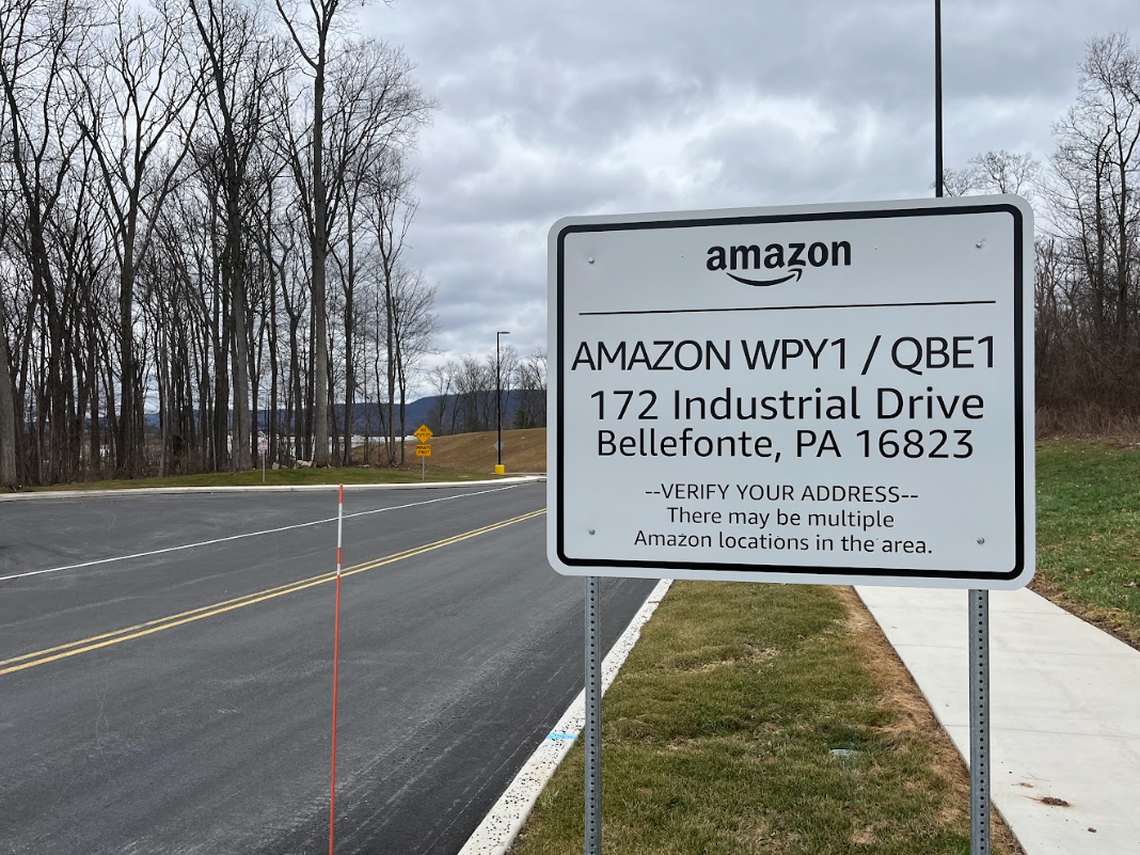 A sign outside the “last-mile” Amazon delivery station at 172 Industrial Drive in Benner Township.