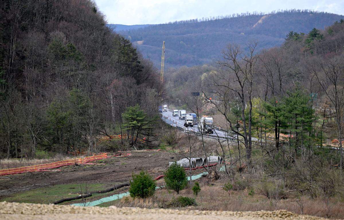 Traffic travels east bound on I-80 toward Bellefonte and where the new high speed ramp will be to connect to I-99 on Tuesday, April 15, 2025.
