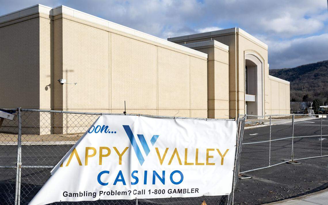 A sign for the Happy Valley Casino hangs on a fence of the property on Tuesday, Dec. 30, 2025.