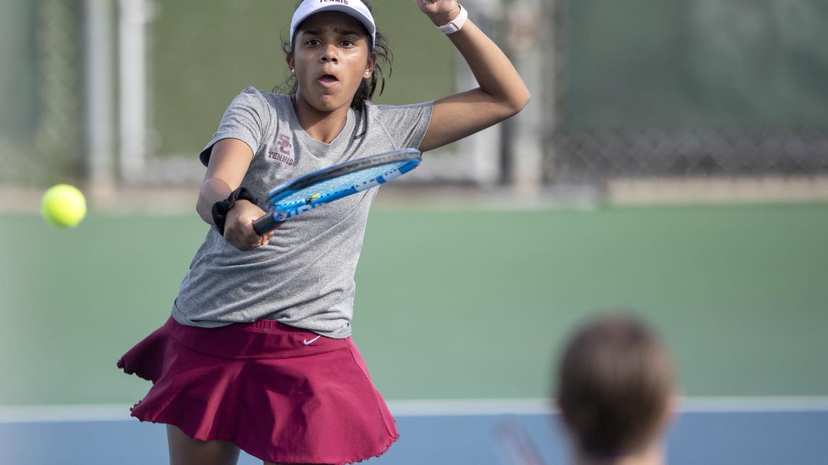 State College’s Sruthi Ramesh returns the ball during her double match with Keya Ahrestani against Central Dauphin East on Wednesday, August 28, 2019.