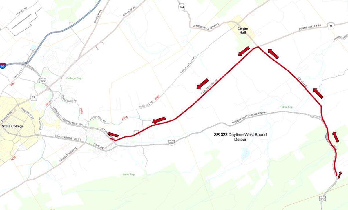 A daytime detour will be in place for a section of Route 322 westbound in Centre County this week, as outlined in the map.