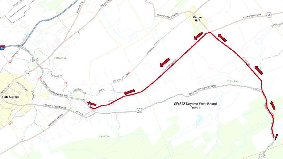 A daytime detour will be in place for a section of U.S. Route 322 westbound in Centre County this week, as outlined in the map.