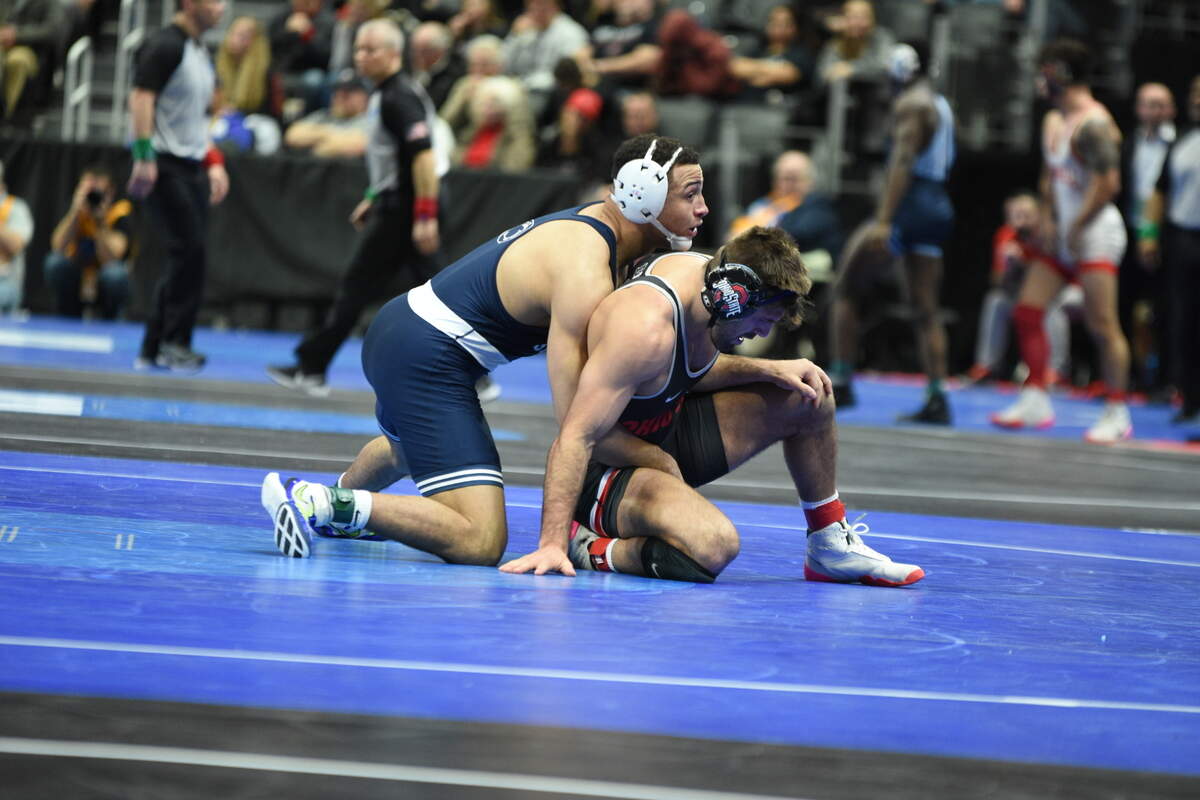 Penn State’s Aaron Brooks controls Ohio State’s Kaleb Romero in their 184-pound quarterfinals match of the NCAA Championships on Friday, March 18, 2022 at Little Caesars Arena in Detroit. Brooks picked up a 13-2 major decision.