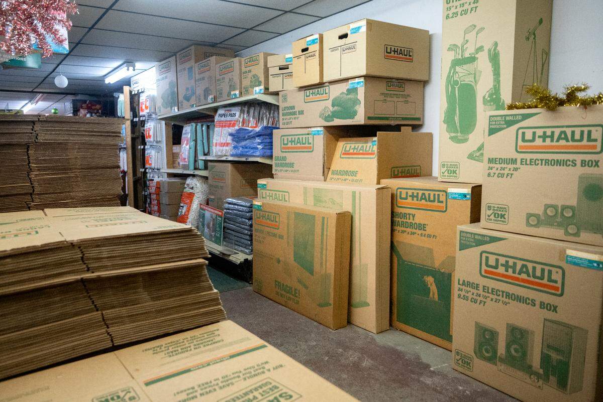 U-Haul boxes available at Stoicheff Auto Parts on North Atherton Street on Feb. 9, 2023.