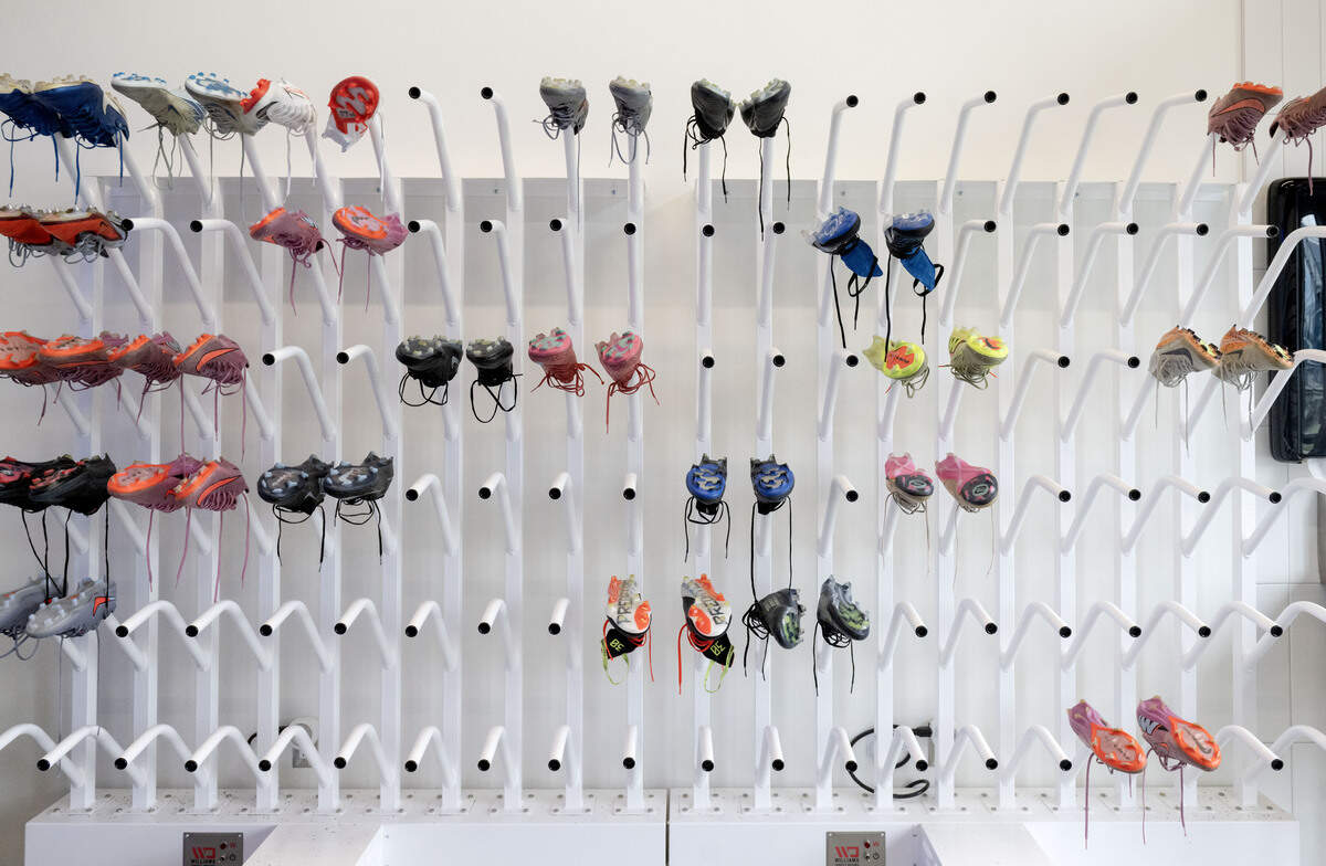 A boot dryer for athletes to dry their cleats in the new Jeffery Field Soccer Complex.