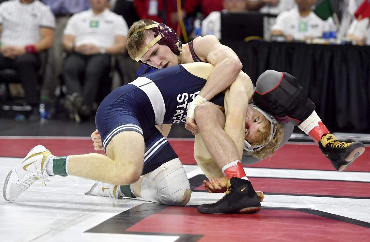 Penn State’s Brandon Meredith controls Minnesota’s Patrick McKee in first round of the Big Ten Wrestling championships at Rutgers on Saturday, March, 7, 2020.