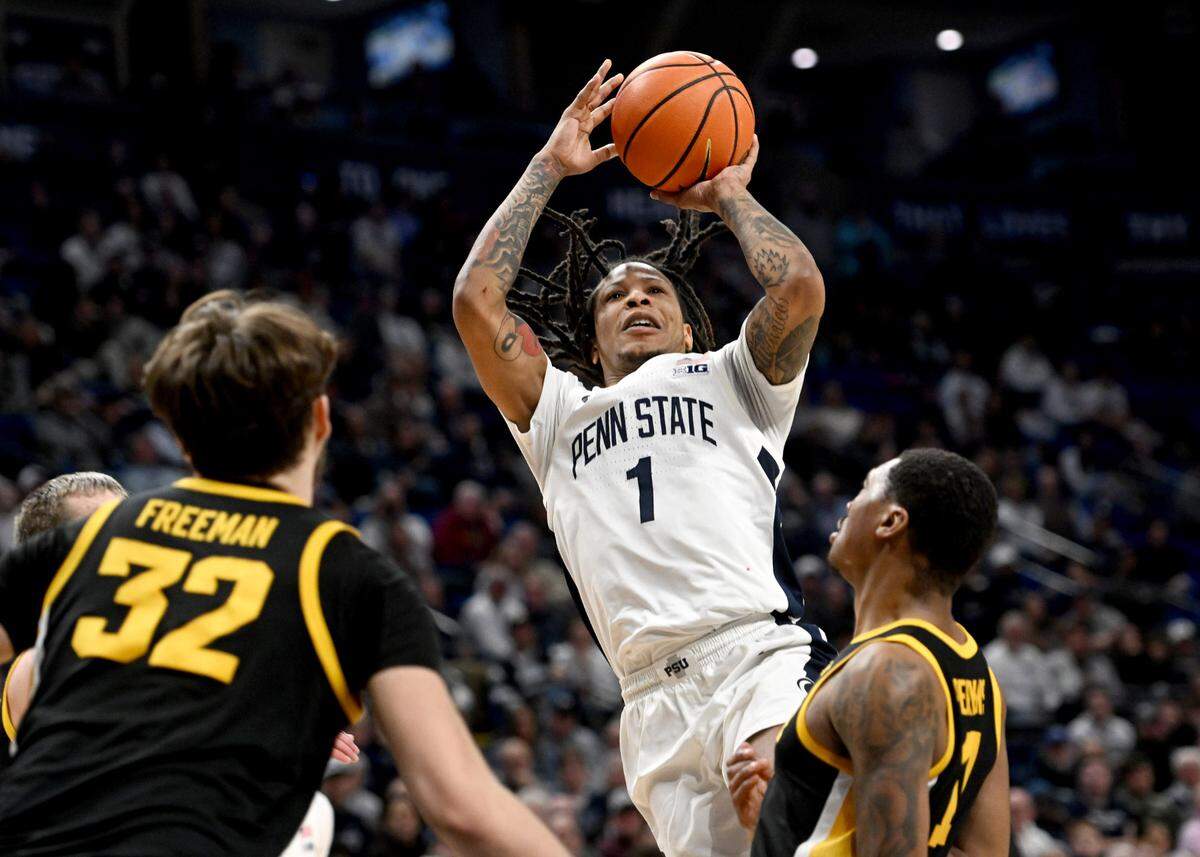 Penn State’s Ace Baldwin Jr. makes a basket and gets the foul during the game on Thursday, Feb. 8, 2024 at the Bryce Jordan Center. Penn State won, 89-79.
