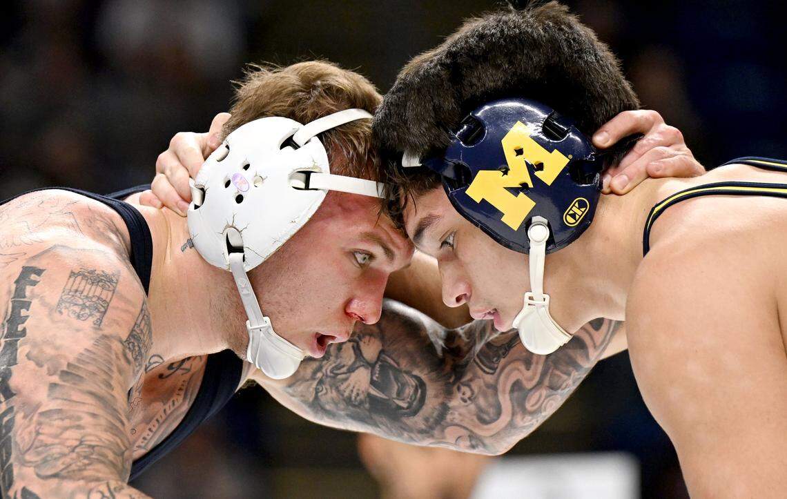Penn State's Rocco Welsh faces Michigan’s Brock Mantanona in a 184-pound semifinal bout at the Big Ten wrestling championships on Saturday, March 7, 2026 at the Bryce Jordan Center. 