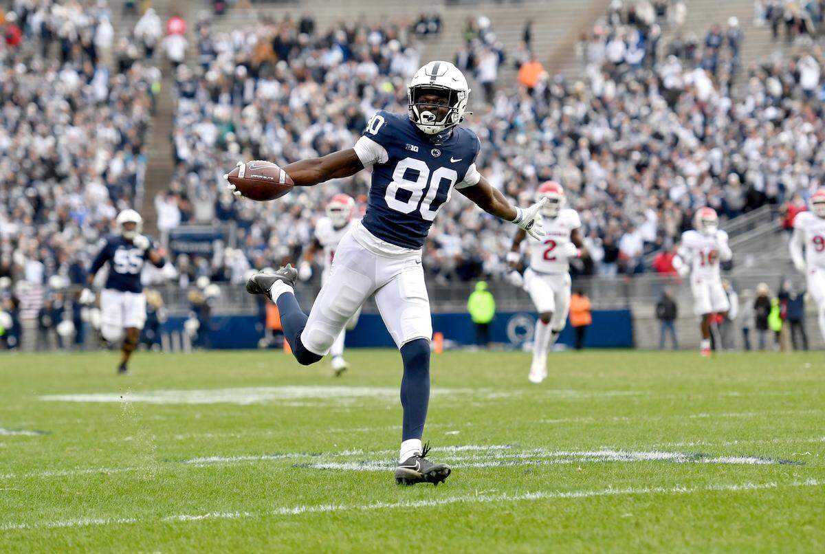 Penn State wide receiver Malick Meiga runs down the field with the ball for a touchdown during the game against Rutgers on Saturday, Nov. 20, 2021.