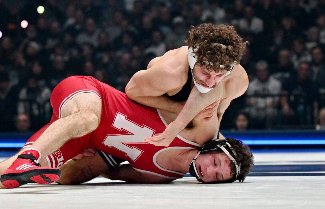 Penn State’s Mitchell Mesenbrink controls Nebraska’s LJ Araujo in the 165 lb bout of the match on Friday, Jan. 30, 2026.