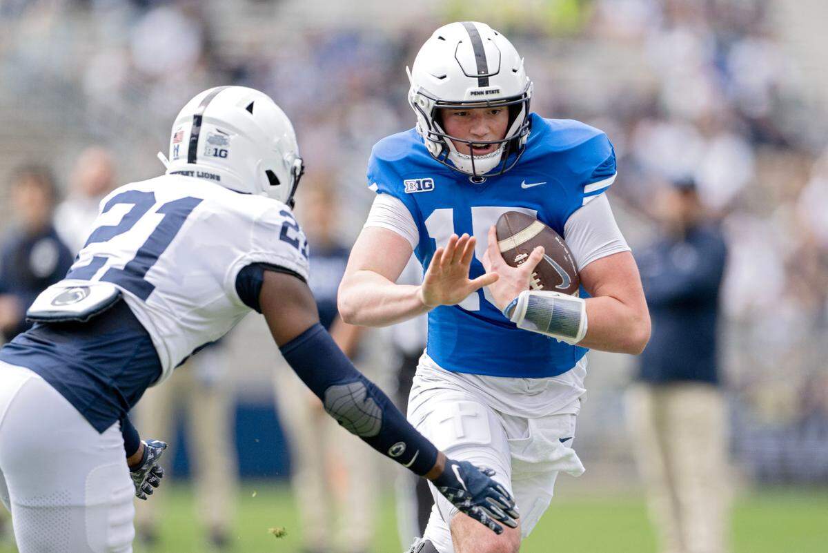 Penn State quarterback Drew Allar runs with the ball during the Blue-White game on Saturday, April 26, 2025.
