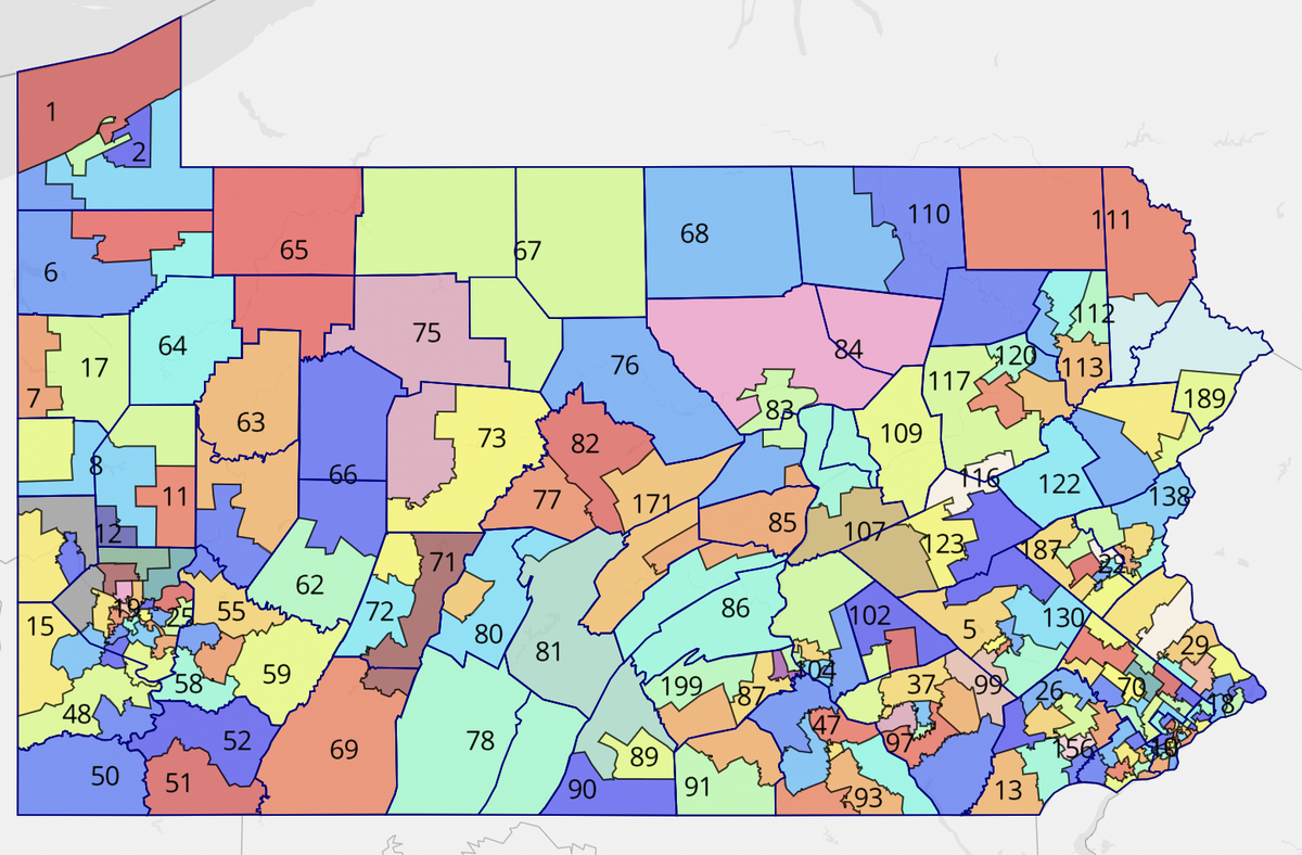 The Pennsylvania House map has Centre County split into three districts: 77, currently represented by Scott Conklin, 171, currently represented by Benninghoff, and a new district, 82.&nbsp;The map was approved by the Legislative Reapportionment Commission in February, though there are still legal challenges pending. 