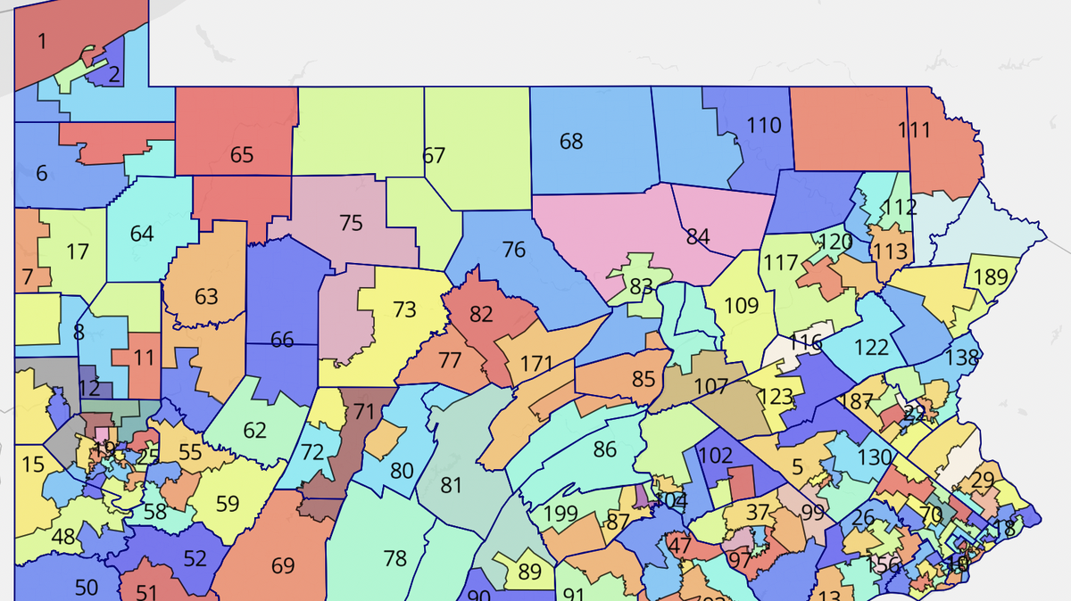 The Pennsylvania House map has Centre County split into three districts: 77, currently represented by Scott Conklin, 171, currently represented by Benninghoff, and a new district, 82. 