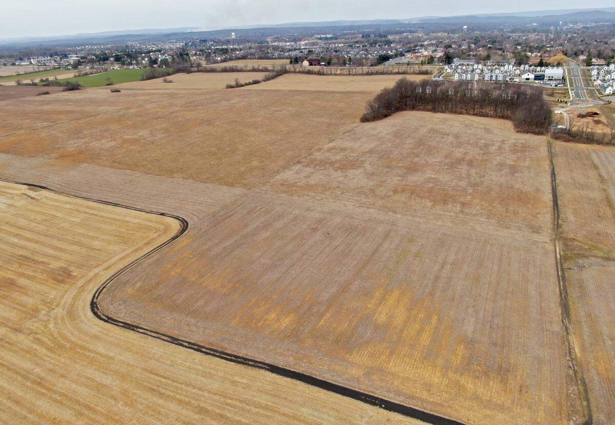 An aerial view from March 2021 of the land where Whitehall Road Regional Park is planned to be built in Ferguson Township.