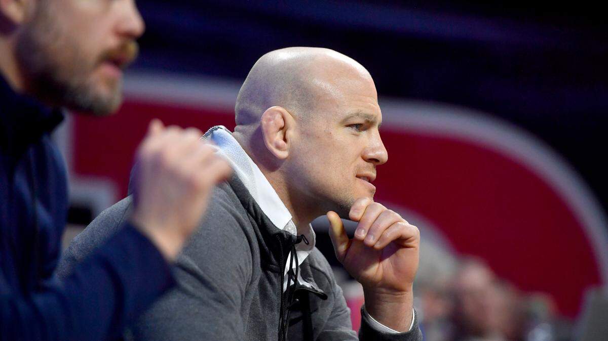 Penn State wrestling coach Cael Sanderson watches Jarod Verkleeren’s 149-pound 9th place bout of the Big Ten Wrestling championships at Rutgers on Sunday, March, 8, 2020.