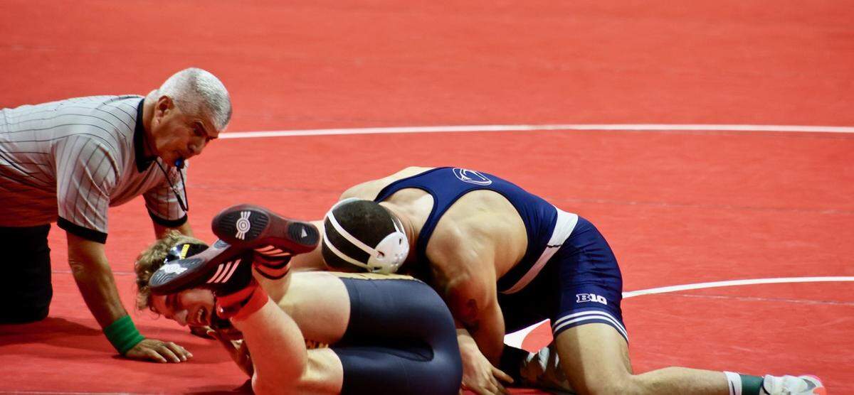 Penn State’s Aaron Brooks pinned Arizona State’s Josh Nummer in 1:48 on Tuesday, Dec. 21, 2021, at the Collegiate Duals in Niceville, Florida.